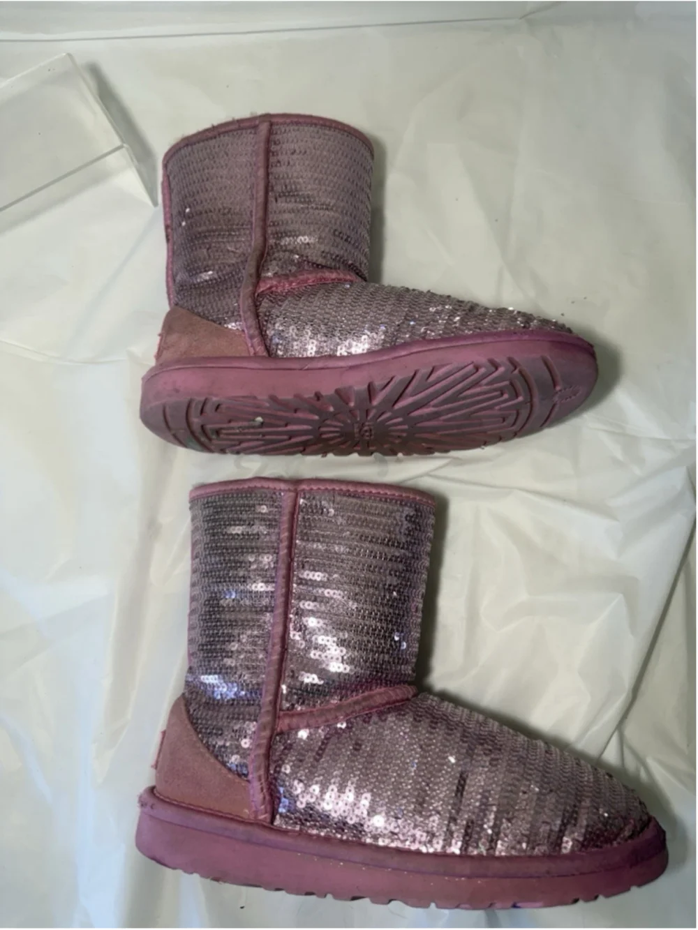 GIRLS UGG AUSTRALIA PINK SEQUIN WINTER BOOTS SHEEPSKIN LINED SPARKLE US 3/UK 2